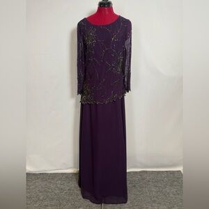 J Kara Maxi Dress Women's Size 12 Purple 3/4 Sleeves Beaded Design